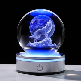 Crystal 3D Wolf 3.15in Ball Figurine Gifts for Men, Collectible Glass Animal Art Sphere for Room with LED Light Base Keepsakes for Wolves Lovers Home Decor Paperweight