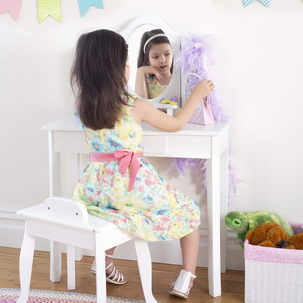 Guidecraft Classic White Vanity and Stool Set for Kids Age 3-8, Pretend Play Vanity with Mirrors for Girls, Wooden Makeup Table with Storage Drawer