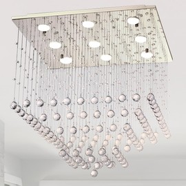 KPIBEST Modern Square Crystal Chandelier Ceiling Lighting Fixture Raindrop Ball Pendant Flush Mount 9-LED Light for Dining Room L 24" x H 24"-Polished Chrome