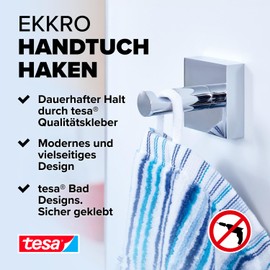 tesa tesa EKKRO Klebehaken, verchromt, runde Form - Bad-Haken zur Wandbefestigung ohne Bohren, inkl. Klebel?sung - 52 mm x 41 mm x 41 mm