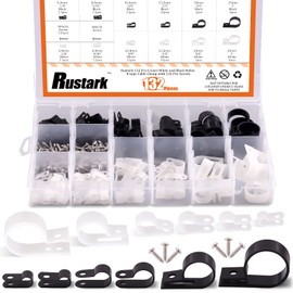 Rustark 132 Pcs 6 Sizes White and Black Nylon R-Type Cable Clamp Cable Organizer Cord Fasteners Screw Mounting Electrical Grip Wire Clips with 132 Pcs Screws for Wire Management (Black and White)