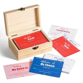 50 Couples Coupon Book Romantic Gift Set with 20 Pre-Filled Cards 30 Blank Customizable Cards Wooden Storage Box Perfect for Anniversaries Valentines Day Birthdays and More
