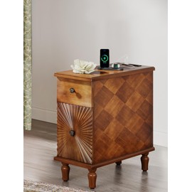 Trggivs Solid Wood Sunburst End Table with Charging Station, No Assembly Required 2 Drawers Sofa Side Table for Living Room, Vintage Nightstand Bedside Table for Bedroom