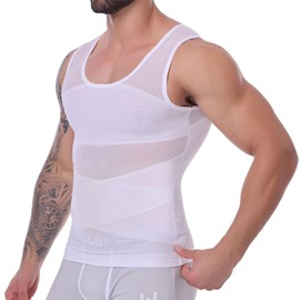 MISS MOLY Shapewear Men's Compression Shirt Elastic Tummy Control Vest Men's Waist Shaper Tank Top Sleeveless Compression Shirt Men's Body Shaper Vest, White