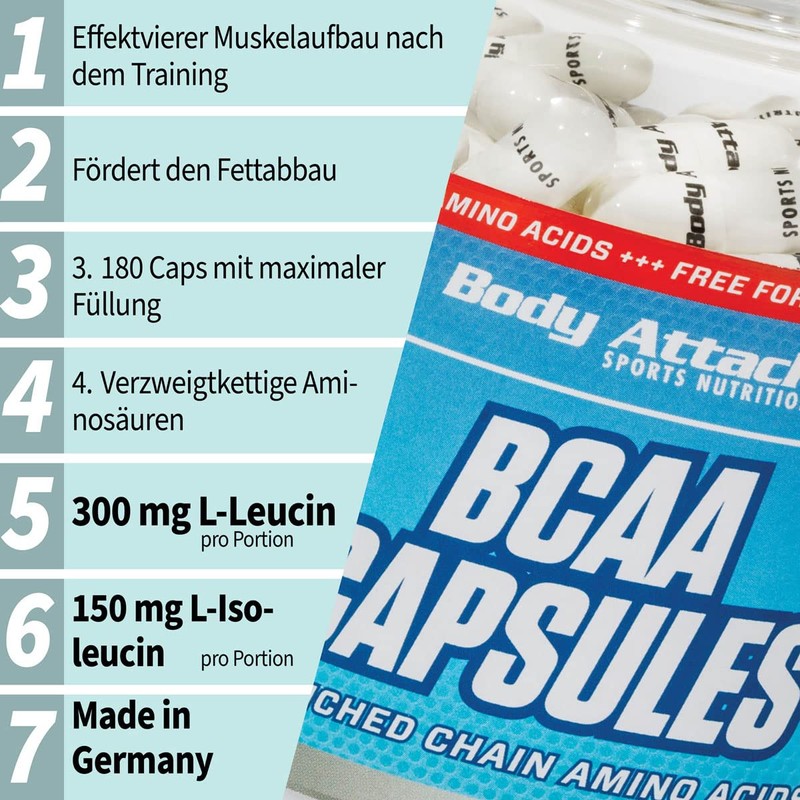 Body Attack BCAA Capsules 180 Caps / 18 Servings, High