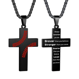 Baseball Cross Necklace for Men Inspirational Bible Verse Cross Pendant Stainless Steel Chain 22+2 inch Baseball Sports Jewelry Baseball Gift for Men(Black-ALWAYS REMEMBER）