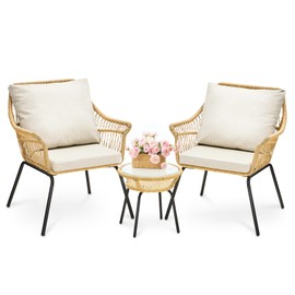 ONBRILL 3 Piece Patio Bistro Set,Outdoor Rattan Chairs&End Table, with Weather-Resistant Cushions for Balcony Porch,Beige,Small,Fully Woven Base, Tempered Glass Tabletop