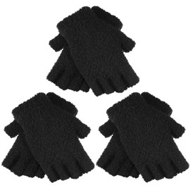 Geyoga 3 Pairs Women Fur Fingerless Gloves Winter Half Finger Knit Gloves Stretchy Warm Typing Winter Mittens (One Size,Black)