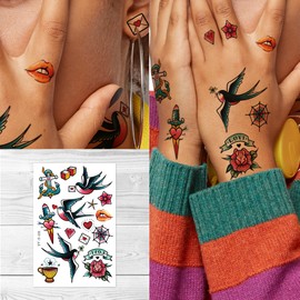 Supperb Temporary Tattoos - Small flower Temporary Tattoo Set Watercolor Vintage Swallow Rose Flower Tiny Hipster Finger Tattoo (Set of 2)