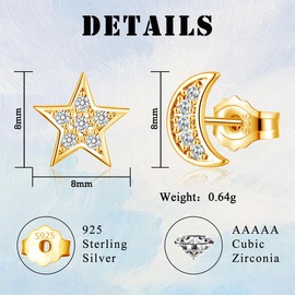 Kamise Women's 925 Silver Stud Earrings, 925 Sterling Silver Stud Earrings for Women Girls, Hypoallergenic Star & Moon Cubic Zirconia Stud Earrings, 8 mm Small Sleeping Stud Earrings for Children,
