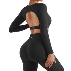 SUUKSESS Open Back Long Sleeve Scrunch Butt Booty Leggings Seamless Ribbed Workout Sets 2 Piece Outfits (#2 Black, XL)