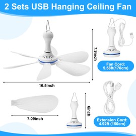 Glooglitter 2 Sets USB Hanging Ceiling Fan Portable Canopy with Remote Control Timing, 6 Blades Quiet Small DC Fan for Camping Bed Dormitory RV Tent Home Room (4.92 ft Extension Cord Without Switch)