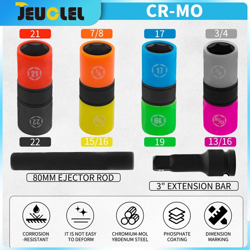 JEUCLEL 6PCS 8 Size 1/2" Drive Lug Nut Socket Set,