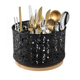 Yomjarl Kitchen Utensil Holder,Utensil Caddy for Party,Rotating Wooden Base Cutlery Organizer,Kitchen Countertop Cutlery Organizer with Drain Holes,Perfect for Spoons Forks and Cooking Tools Storage