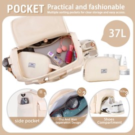 FIORETTO Womens Mens Sports Gym Bag Duffle Bag with Shoes Compartment, Weekend Travel Bag Overnight Bag for Women, Foldable Water Resistant Holdall Hospital Bag for Swimming with Toiletry Bag Beige