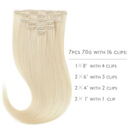 WENNALIFE Clip-In Real Hair Extensions, 70 g, 7 Pieces, 50 cm, Light Platinum Blonde, Real Hair Extensions, Clip-In Extensions, Natural Hair Extensions, Real Hair