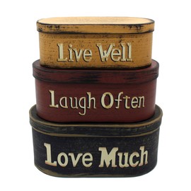 CVHOMEDECO. Primitives Vintage Oval Live Well, Laugh Often, Love Much Cardboard Nesting Boxes, Large 24.7 x 14 x 10 cm, Set of 3