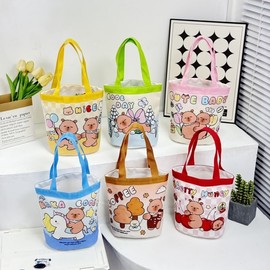 Mini Eco-Friendly Canvas Bucket Bag with Water Dolphin Design, Cute Portable Small Handbag for Women, Perfect as a Birthday or Lunch Bag One Size/Capybara [Blue] 10ea