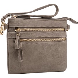 B BRENTANO Vegan Mini Multi-Zipper Crossbody Handbag Purse with Tassel Accents, Taupe Nn, One Size