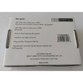 TECH ESSENTIALS HD 720P USB Computer Webcam w/ Microphone - Black - NEW