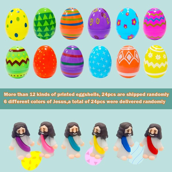 Cherislpy 24 Pcs Prefilled Easter Eggs with Mini Jesus Figurines