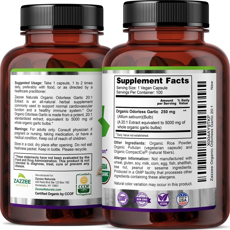 Zazzee USDA Organic Odorless Garlic 20:1 Extract, 5000 mg Strength,