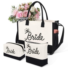 HOMIEE 3PCS Bride Canvas Tote Bag & Makeup Bag, Wedding Gifts for Bridal Shower Bachelorette Party Engagement Honeymoon