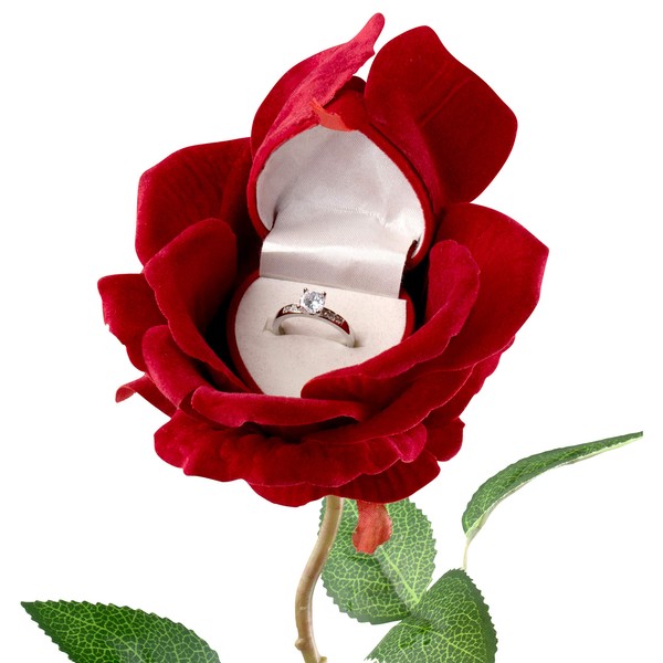 Noble Rose Heart Flower Blossom Ring Box for Gift/Ceremony/Proposal/Engagement/Wedding Jewelry Box (Red)
