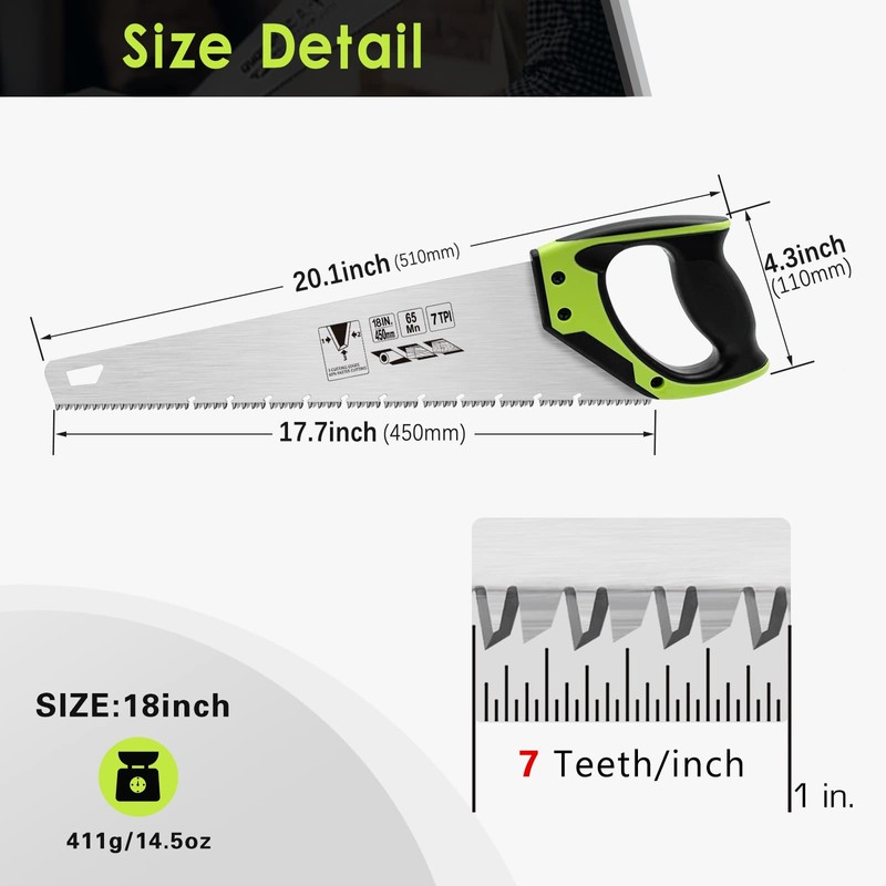 18 Inch Wood Hand Saw, 7 TPI Universal Handsaw Non-slip