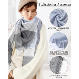 Coubeau Classic Plaid Scarf for Women - Faux Cashmere Scarf, Warm Winter Scarf, Triangle Scarf, Grey-blue chequered