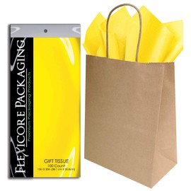 Flexicore Packaging Brown Kraft Paper Gift Bags & Yellow Gift Wrap Tissue Paper Size: 8 Inch X 4.75 Inch X 10.5 Inch | Count: 50 Bags | Color: Yellow