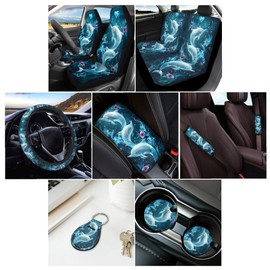 Baxinh Dolphin Hibiscus Printed Car Seat Covers Full Set with Steering Wheel Cover Washable Front Rear Seat Covers for Trucks, Universal Seat Belt Pads,Cup Holders,Keychian Fit SUV Vehicle Decor, Blue
