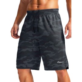 Pudolla - Pantalones cortos de baloncesto para hombre con bolsillos con cierre, pantalones cortos deportivos de gimnasio de 28 cm de largo, ligeros de secado rápido, Camuflaje gris, X-Large