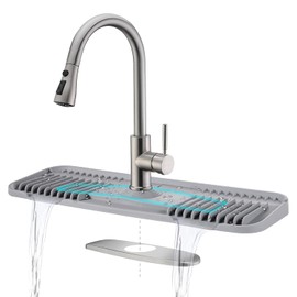 2nd Generation Silicone Faucet Mat, Kitchen Silicone Faucet Drip Catcher with Cuttable Circular Central for Kitchen Sink, Tailor-Made for Faucets with Deck Plate【Light Grey】