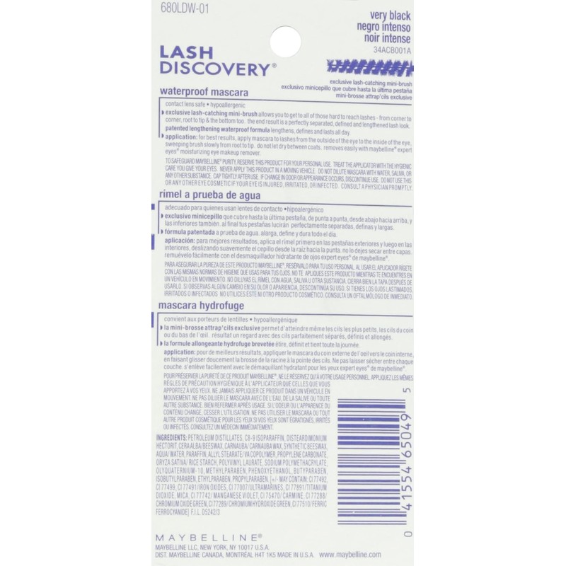 Maybelline Lash Discovery - Mascara lavable, muy negro, 0,16 onzas