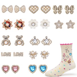 24pcs Sock Charms Pins, 12 Styles Safety Pins Rhinestones and Pearls Brooch Pins Bling Junk Sock Jewelry Charms for Clothes Hats Shoes Scarf Shawl Sambas