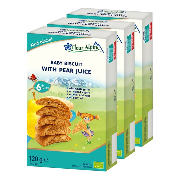 Fleur Alpine Baby Biscuit with Pear Juice, 3 x 120g I Whole Grain Food Snack for Toddlers from 6 months without Added Sugar I 18 x 2 Biscuits