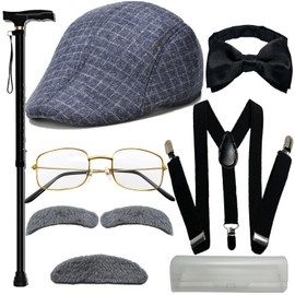 Old Man Costume for Kids Costume Accessories Cane Hat Glasses and Moustache Eyebrows 100 Days of School Kids Costume Set (blue)