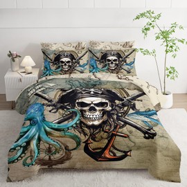 AILONEN 3D Pirate Captain Skull Comforter Set,Octopus Dolphin Bed in a Bag Twin Size,Nautical Theme Comforter & Fitted Sheet & Flat Sheet & 2 Pillowcases,2 Pillow Shams,7-Piece
