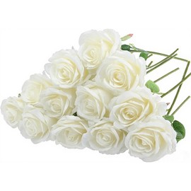 Felice Arts Paquete de 12 Rosas Blancas de Boda con Tallos Flores Artificiales Rosas de Seda Falsas Ramo para Florero de Mesa, Fiesta, Hogar, Cocina, Decoración de Boda