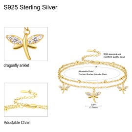 Palpitate Dragonfly Anklets for Women 14K Gold Plated Dragonfly Ankle Bracelets 925 Sterling Silver Foot Chain Jewelry Gifts for Women Her Birthday Christmas