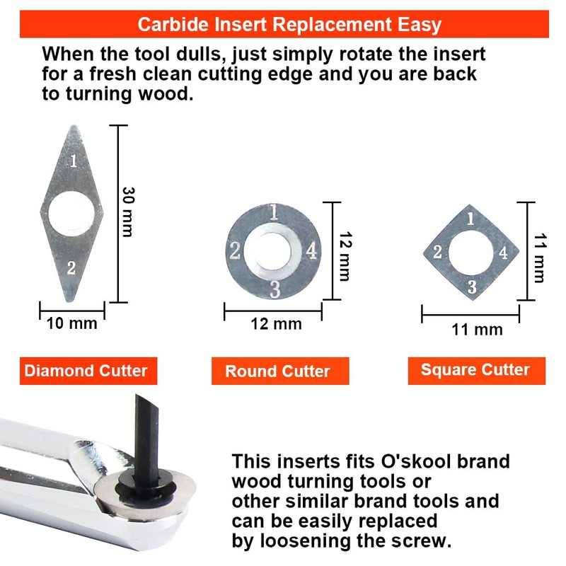 O'SKOOL Carbide Wood Turning Tools Set for Lathe Includes Diamond,