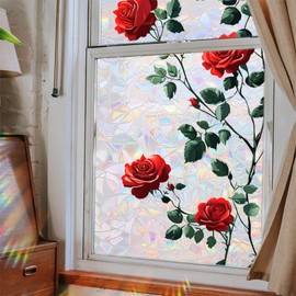 HFhyxin Rose Window Privacy Film Static Cling Sticker Rainbow Window Film Glass Decals with Iridescent Effect Removable Nature Pattern Tint for Home Door Car Windows 17.7" x 43.3"