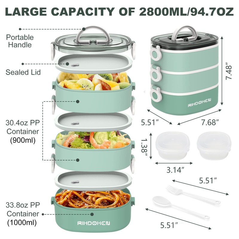 RIKDOKEN Lunch Box, Stackable 3 Layers Containers, Portable 94OZ Large