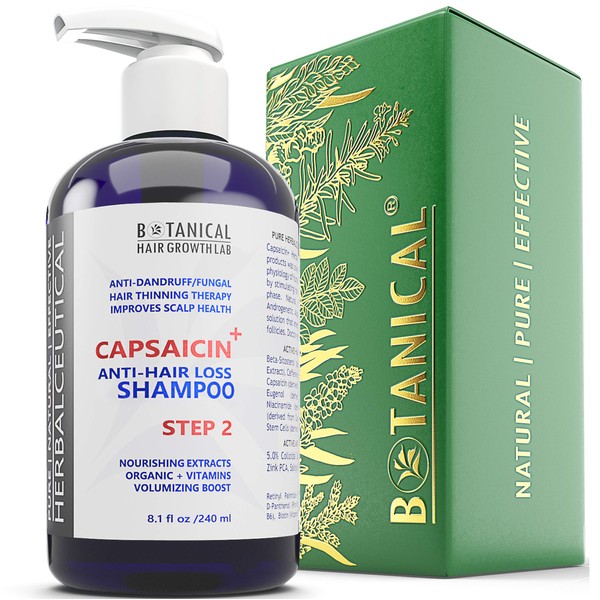BOTANICAL HAIR GROWTH LAB - Anti-Hair Loss Shampoo - HerbalCeutical CAPSAICIN+ Oil-Free Formula (Step 2) - Hair Loss Prevention for Men & Women, Alopecia Postpartum DHT Blocker - 8 Oz