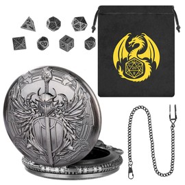 Mini DND Dice Set with Steampunk Paladin Pocket Watch Shell Case, DND Starter Set, 7pcs Polyhedral Mini Metal Dice Set, D&D Gifts with Gift Bag, Role Playing Board Game Accessories, Silver