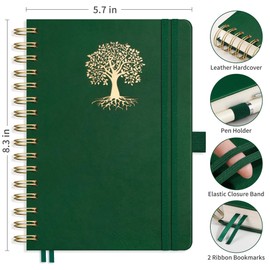 RETTACY Bullet Dotted Journal Notebook, 300 Pages, A5 Medium Size (5.7" × 8.3"), Leather Hardcover, 100 GSM Thick Paper, Spiral-bound, for Bullet Journaling, Planning, Tracking (Dark Green)