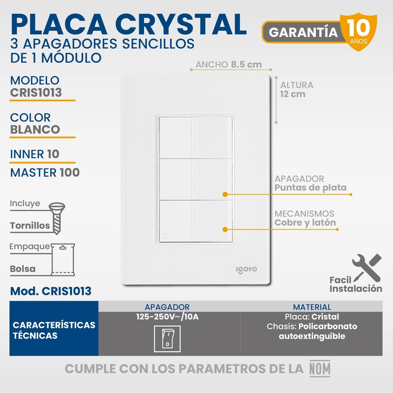 Placa Armada Cristal con 3 Apagadores Sencillos de 1 Módulo