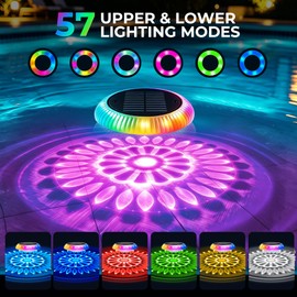 Solar Floating Pool Lights, 6.4" Solar Pool Lights that Float, RGB Upper and Lower Floating Pool Light Solar Powered, IP67 Waterproof, 57 Modes, 3 Timers for Above Ground Pools, Bathtub & Party, 2 PCS