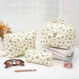 3 Pack Quilted Cotton Makeup Bag Puffy Cosmetic Pencil Pouch Large Capacity Flap Handheld Travel Cosmetic Bag Cute Coquette Floral Make Up Bag Organizer Aesthetic Toiletry Bag (Blue Cucurbit Flower)